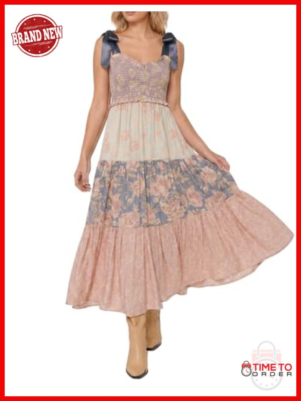 Women Floral Maxi Dress Tie Shoulder Smocked Boho Flowy Sundress with Pockets